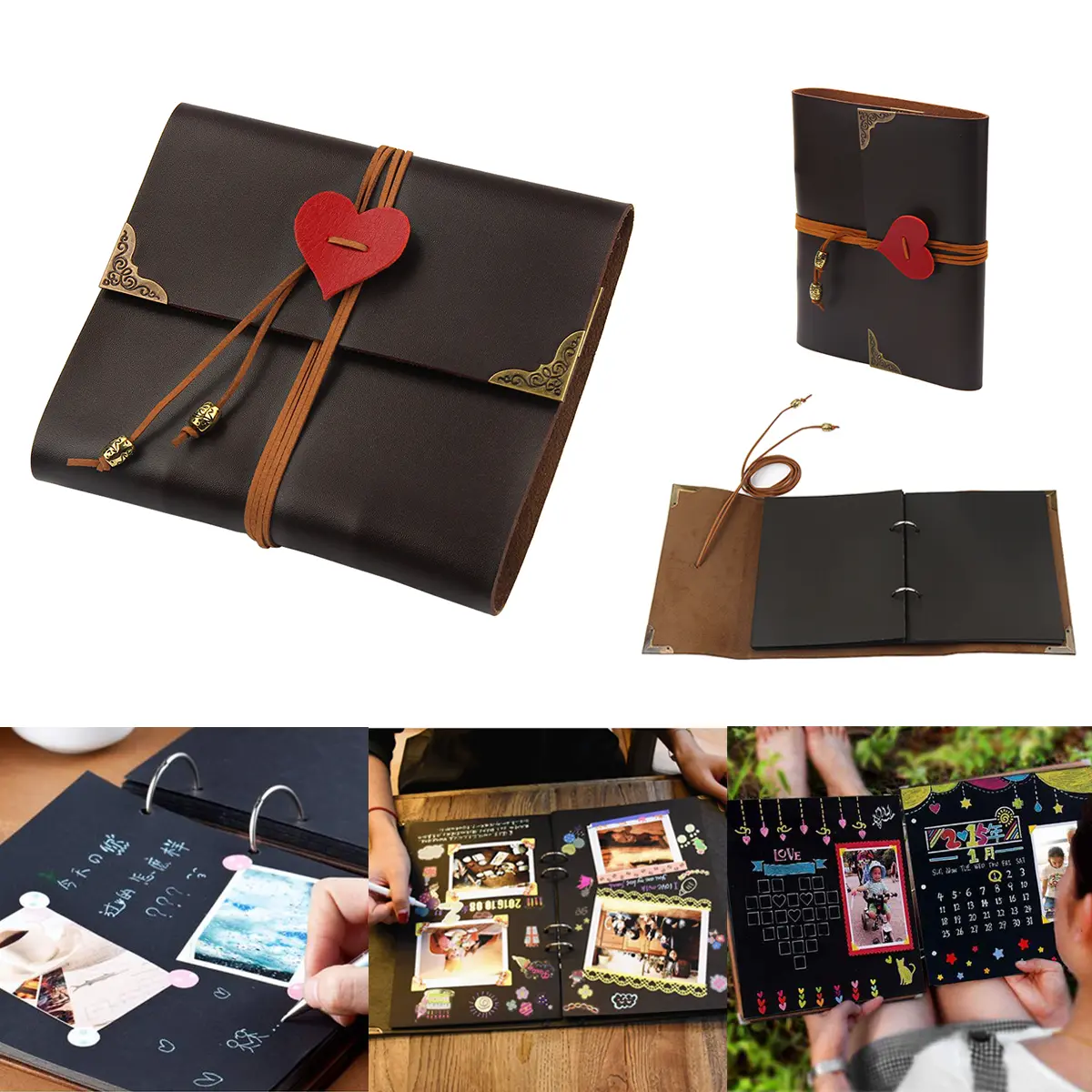 2024 New Vintage Love Photo Album 30 Pages DIY Wedding Travel Scrapbook Photo Album PU Leather Valentine Birthday Christma Gifts Black