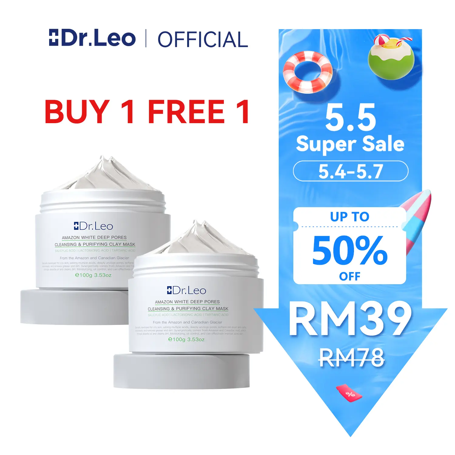 BUY 1 FREE 1 Dr.Leo White Clay Deep Pore Blackhead Cleaning Clay Mask 100g Face Skincare Mask Wajah Cleansing Kulit Whitehead