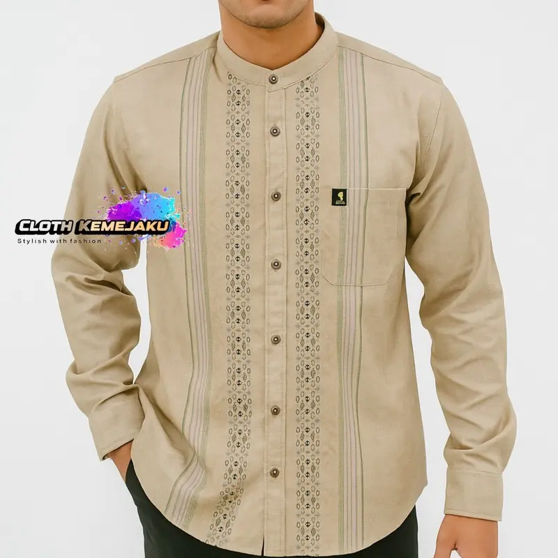 Kemeja Koko Katun Madinah Pria Gradasi Poliester Muslim Fit Manset Panjang Kerah Casual Baju 3