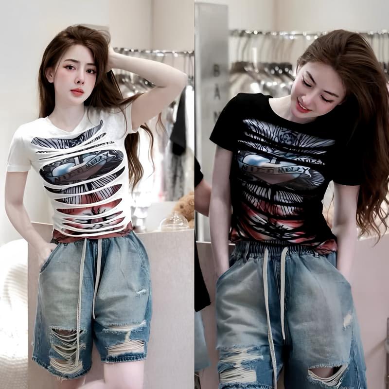 Áo Thun Nữ Hình In Phối Rách Cổ Tròn Chất Vải Thun Co Dãn Mềm Mịn Thoáng Mát - Áo Phông Nữ Phối Rách Siêu Xinh Top Women Hè 2025