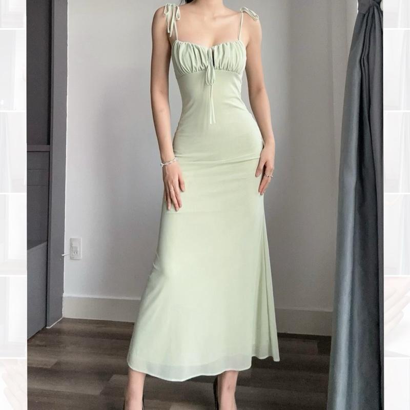  Đầm body nữ lưới 2 dây cột nơ dáng xòe basic sang chảnh Lolystore dress women NH405 