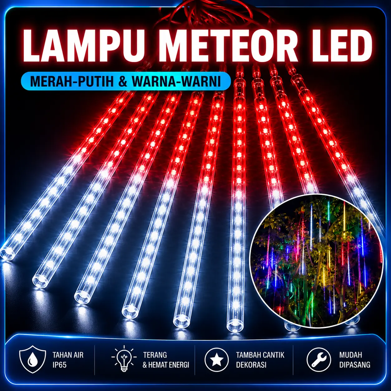 [COD] Lampu Meteor LED Untuk Natalan / 17 Agustusan Merah-Putih 8 Batang / Warna-Warni 45cm 8 Batang / Lampu Hujan Meteor RGB Jatuh Salju Taman Hias