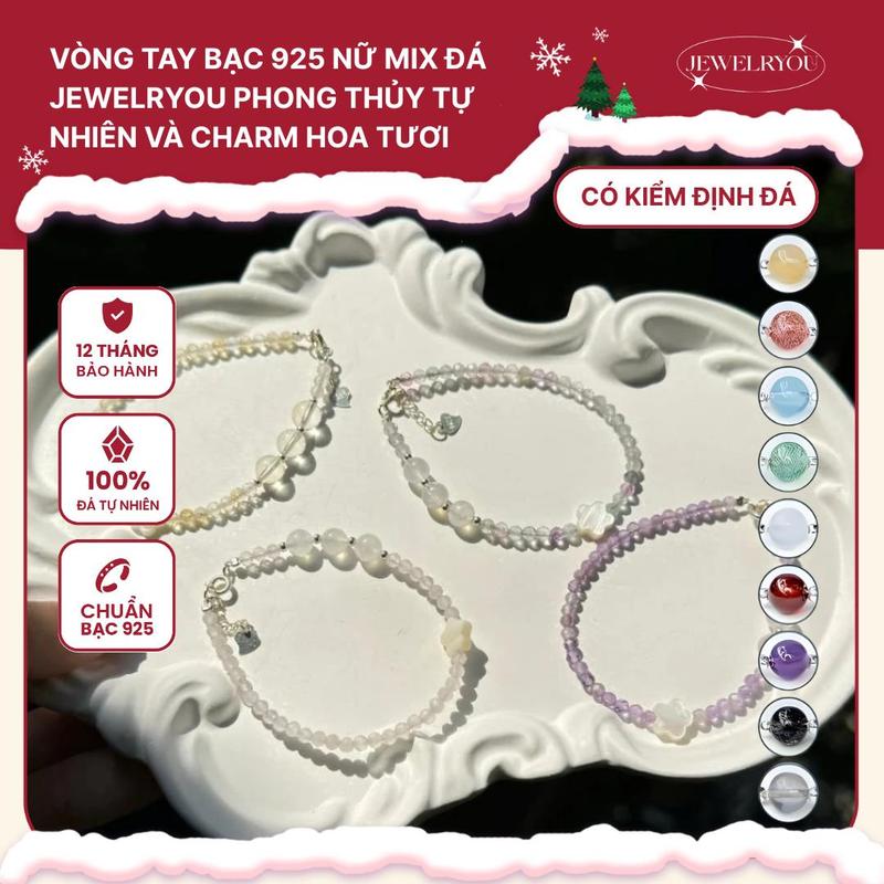 Vòng tay bạc 925 nữ JEWELRYOU mix nhiều loại đá năng lượng tự nhiên và charm hoa sò - Jew47 