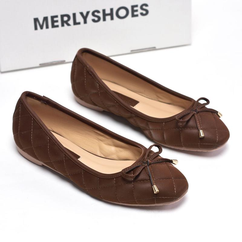  Giày Búp Bê Mũi Vuông Da Chần Chỉ Caro Đính Nơ Merly 1514 Giày Công Sở Nữ Êm Chân Giày Bít Mũi Nữ Đế Thấp Giày Bệt Nữ Shoes 