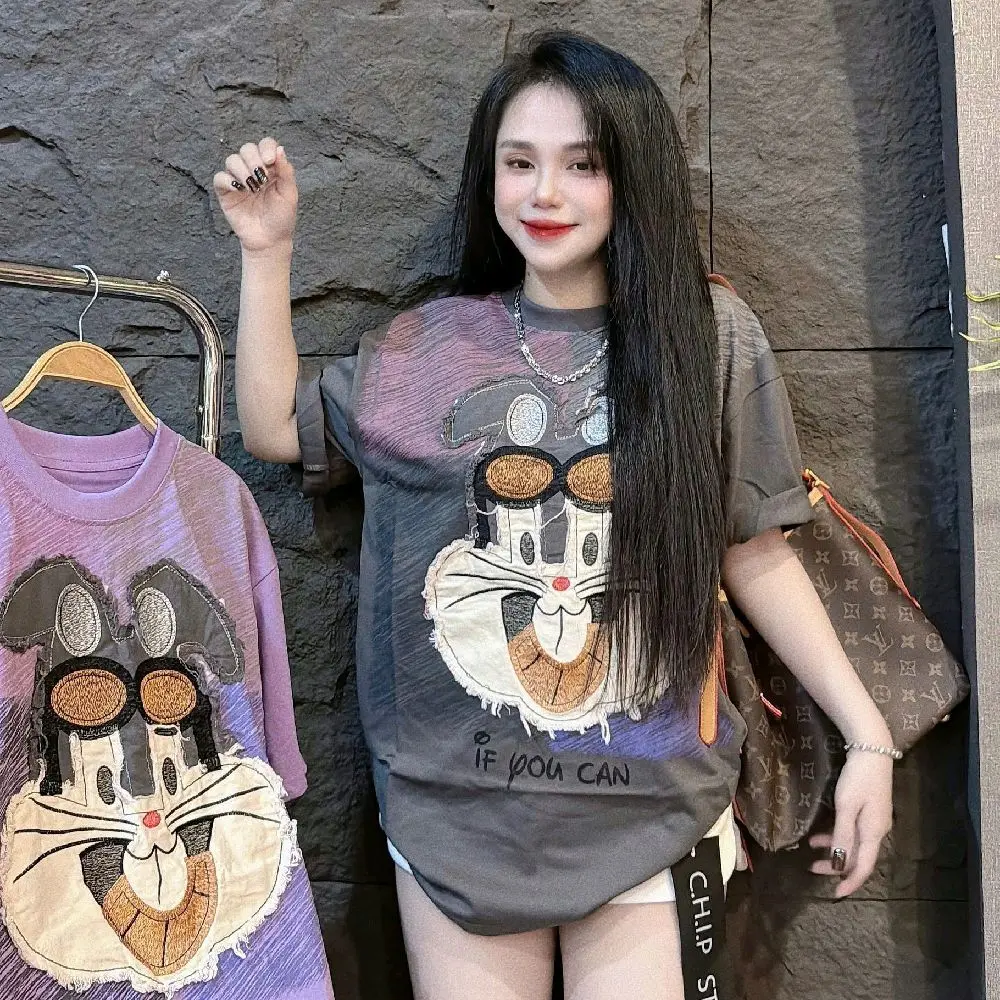 [Mặt Thỏ Thêu Đáp] Áo Thun - Áo Phông mặt thỏ thêu in loang , cotton QC 4 chiều , free size 40-70kg form dáng rộng giấu quần, nữ cá tính ,