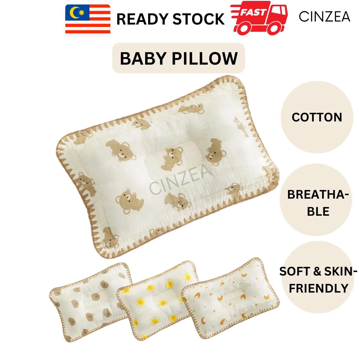 Newborn Baby Pillow Breathable Cotton Soft Anti Flat Head 3D Groove Bantal Kepala Bayi