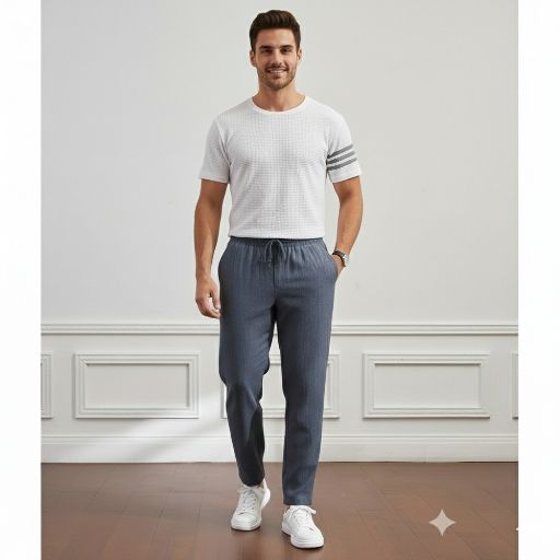 setelan outfit pria cowok ganteng keren simple celana bahan linen oxford dan baju pria bahan waffle primium Dewasa