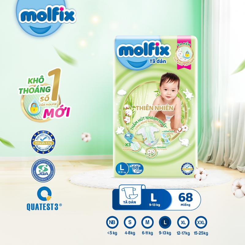  Tã Bỉm Dán Molfix Thiên Nhiên Super Jumbo Với Sợi Tre Tự Nhiên Và Bông Organic Thấm Hút Mềm Mại Luôn Khô Thoáng Cho Bé - 5 Size S M L XL XXL  4kg - 25kg   Bao bì thay đổi theo từng đợt nhập hàng  