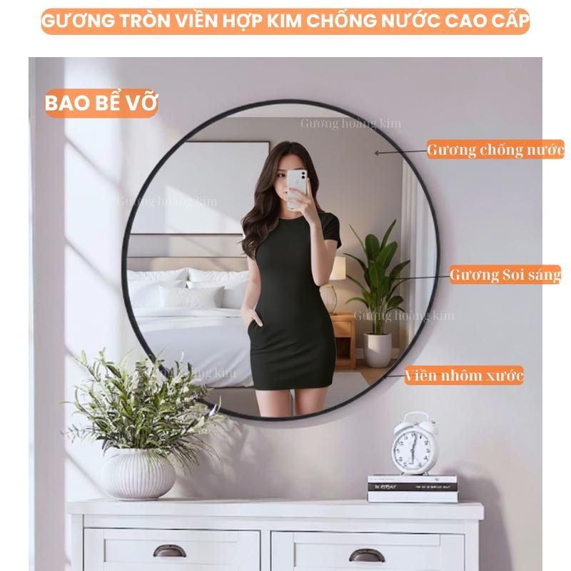 Gương treo tường nhà tắm chống nước kiếng trang điểm khung hợp kim cao cấp gương tròn decor size 50cm tặng dây thừng decor và phụ kiện treo.