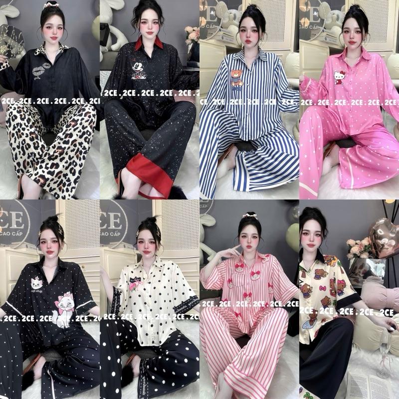 SET SƠMI 2CE TAY DƠI LAI BẦU LỤA LATIN , PIJAMA NỮ MẶC NHÀ, ĐỒ BỘ 2CE , CÓ DÀI VÀ ĐÙI - Kem Women Quần Ngủ Áo Tim  Nhung Voi đồ bộ