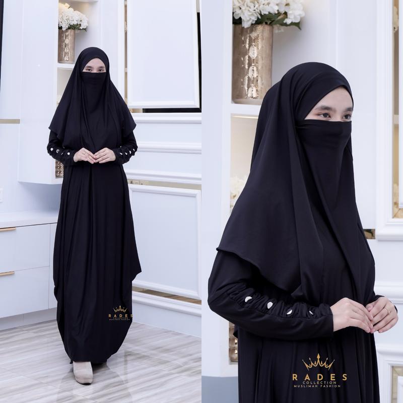 Alzah - Abaya Inara Jo2 Jersey Set Hijab Dan Niqob Bahan Jersey Wanita Remaja Dewasa Muslim Simple Elegan Kekinian Indah Nyaman Gamis Syari 2