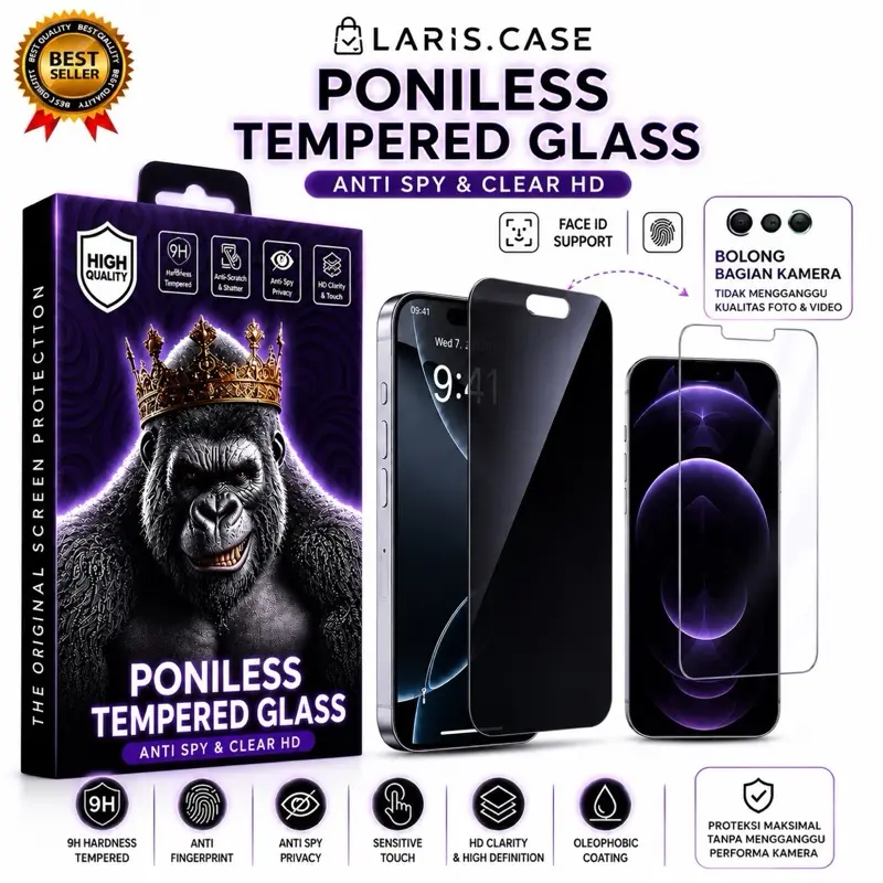 ( KAMERA BOLONG ) Tempered Glass Poniless Anti Spy & HD Clear For iP X XR XS MAX 11 12 13 14 15 16 17 Pro Max Plus Screen Protector Anti Gores