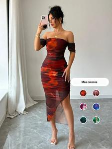 Vestido de malla con hombros descubiertos y estampado completo para mujer, elegante vestido informal de moda para ropa de citas de club de fiesta, vestido de mujer para verano, vestidos de graduación de escuela secundaria
