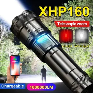 LED Senter Super Terang XHP160 Telescopic zoom 10000000LM USB Type-C Strobo Cahaya Kuat Tahan Air IPX6 Baterai Lithium 18650 untuk Outdoor dan Rumah