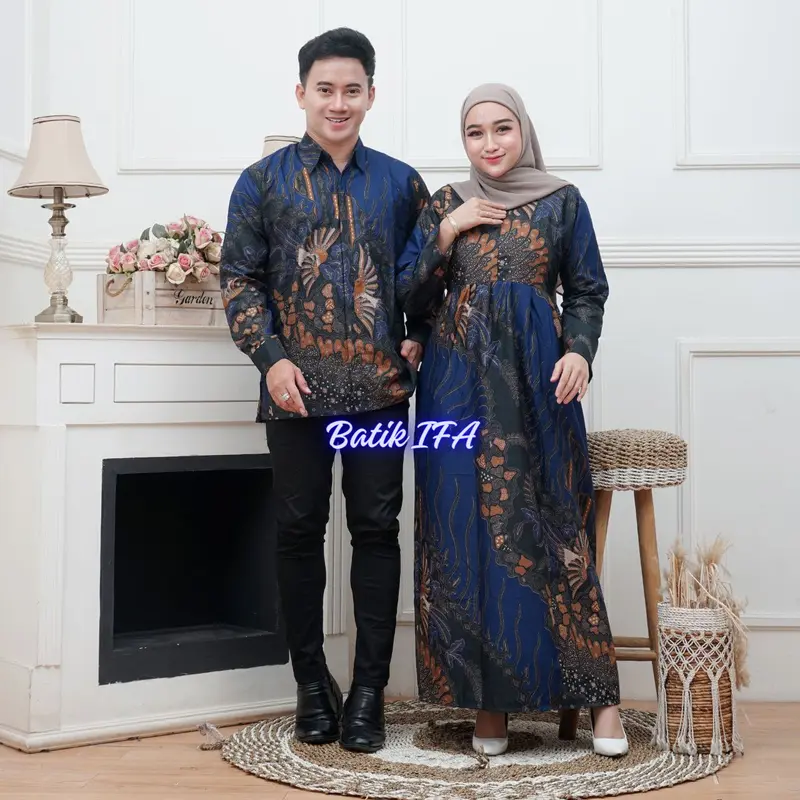 Baju Batik Couple Modern - Sarimbit Batik Kondangan Kekinian - Couple Gamis Batik dan Kemeja Polyester 2