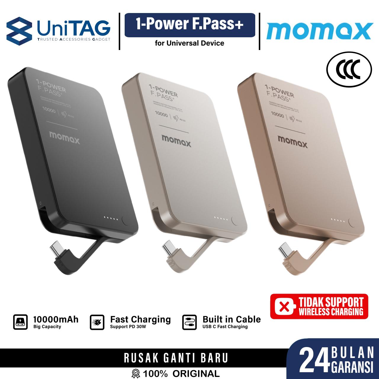 Momax Powerbank Built in Kabel Charger USB C (Magnetic attachment) 10000mAh 1-Power F.Pass+ - Black IP158D-1