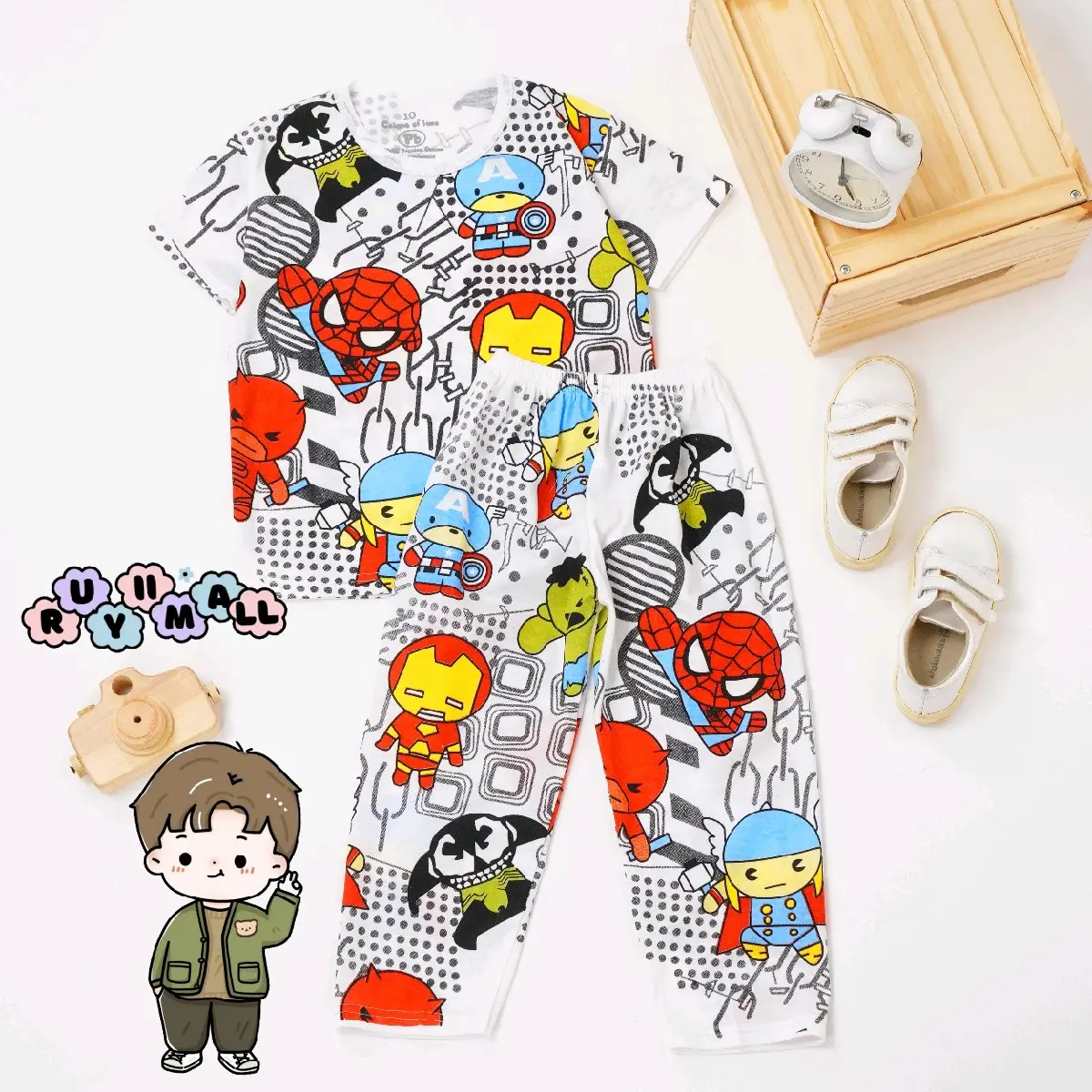 RuyiiMall COMIC SUPERHERO Pakaian Anak Laki-Laki | Setelan Kaos Anak Baju Tidur Anak Perempuan Dan Laki-Laki Usia 1-6th
