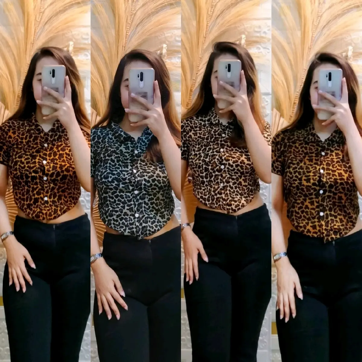 Atasan Kemeja Crop Kancing Motif Macan Trendy