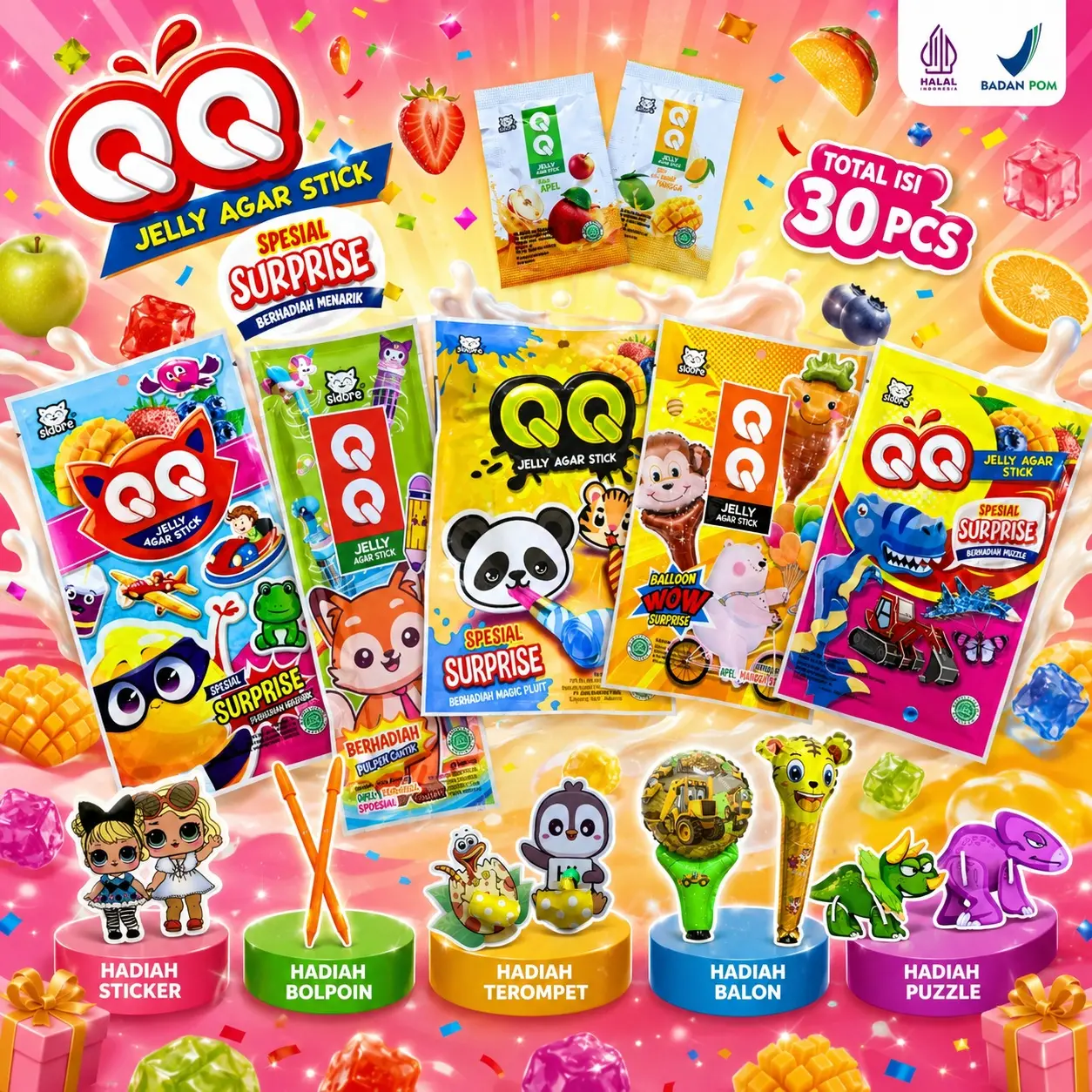 PROMO QQ Jelly Agar Stick 30PCS Berhadiah Mainan Rasa Yogurt Mangga Stroberi Apel Jelly Manis Camilan Anak Jajanan Sekolah Snack Viral Jelly Buah Makanan Ringan Favorit Anak Camilan Keluarga Jajanan Kekinian Paket Usaha Grosir Snack Anak Murah Enak