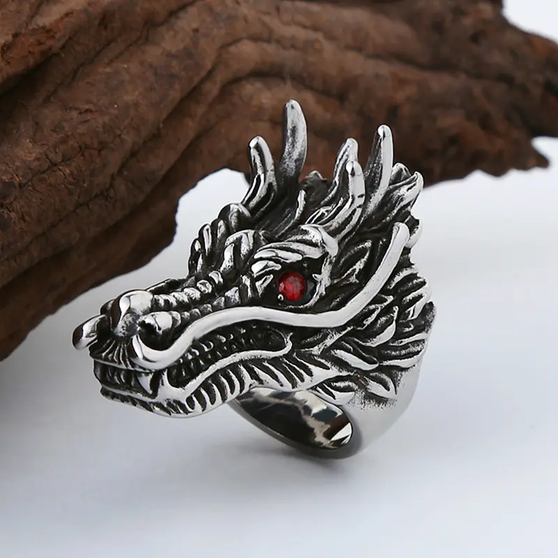【Perenolr】Fashion Vintage Male Ring Domineering Red Eye Personality Punk Jewelry Dragon Head Ring 2