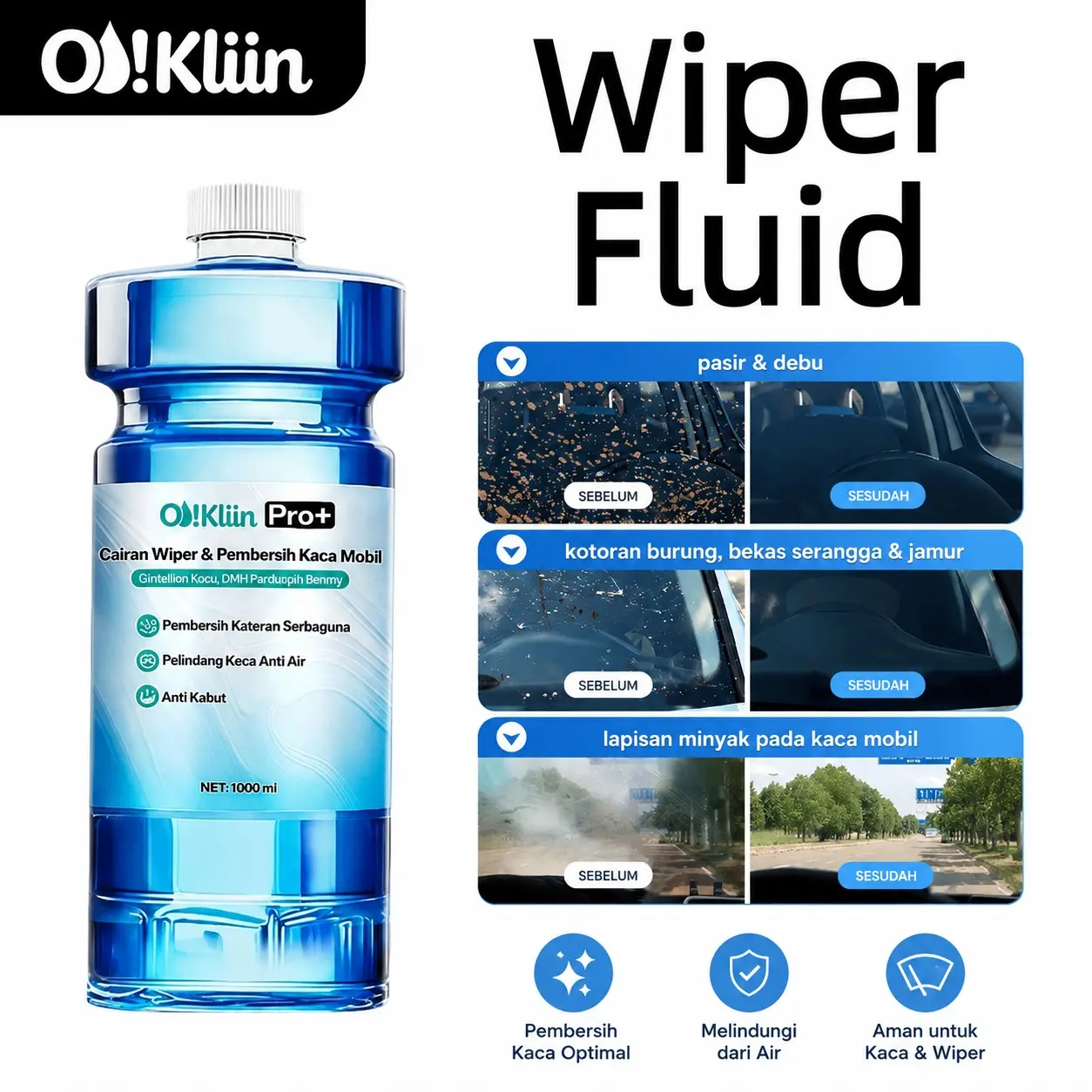 Cairan Wiper Mobil, Pembersih Kaca Anti Minyak & Anti Kabut, Aman Tanpa Korosi