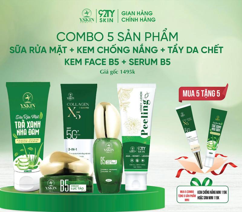 Y.SKIN Combo 5 SP dưỡng da mặt và body bao gồm SRM + KCN + Serum + Kem Face + Tẩy Da Chết Tặng SP Mini kèm theo Skincare