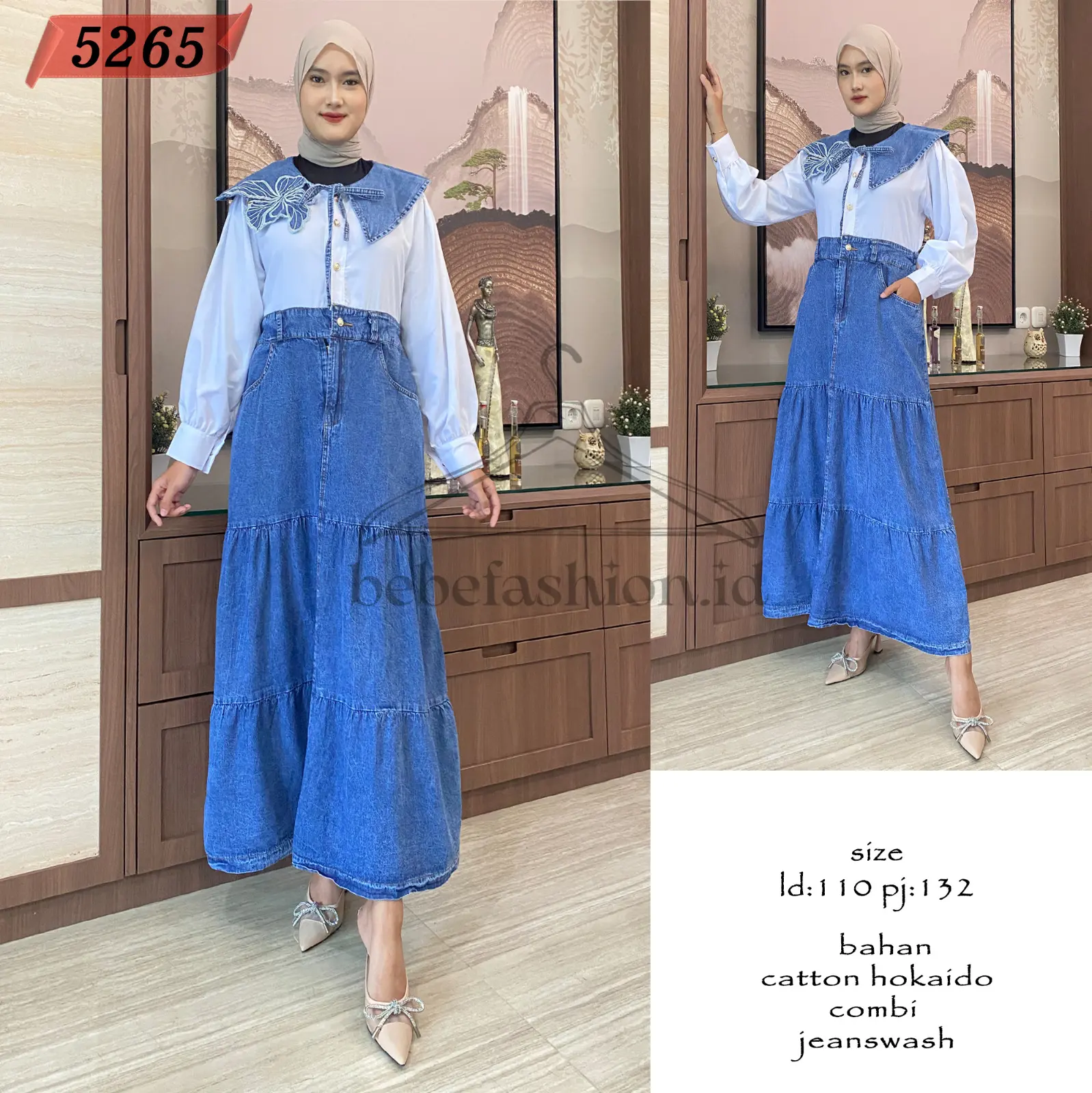 5265 BEBEFASHIONID Long Dress Flower Mix Jeanswash Wanita Premium