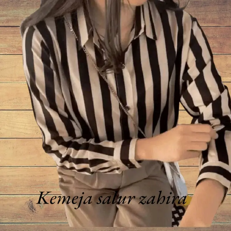 Atasan Wanita Zahira Motif Salur Polykatun Lengan Panjang - Casual, Dewasa, Baju, Shakila, Hitam, Top, Garis, Oversize 1