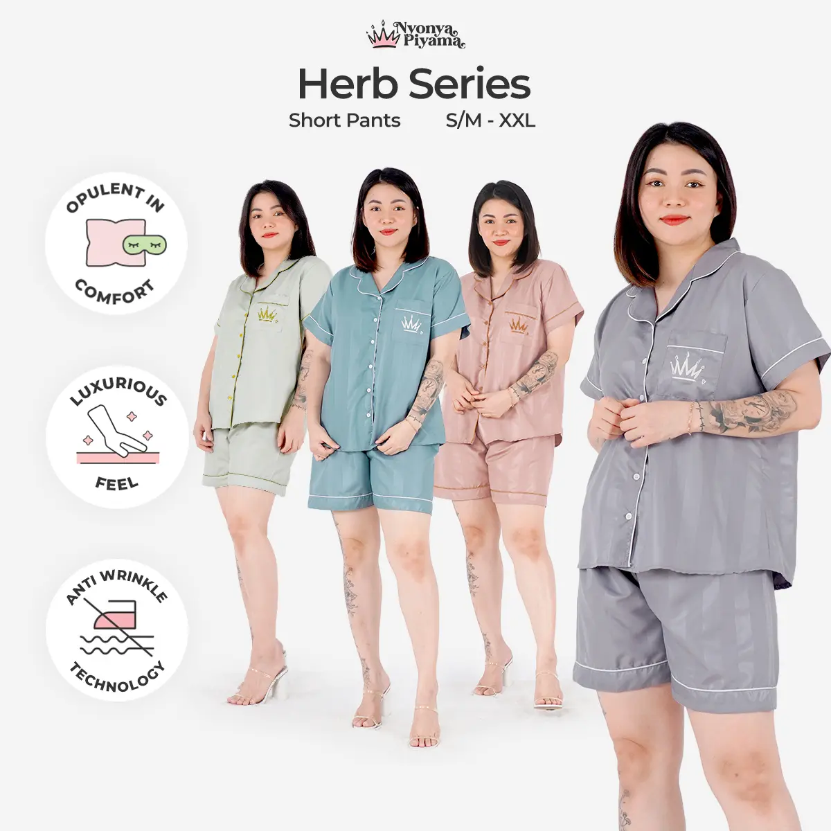 [BEST SELLER] Nyonya Piyama Poly Bamboo Set Piyama Celana Pendek (Polos Herb Series) Baju Nyaman Panjang  Santai  Setelan  Kombinasi  Wanita  Tidur  Dewasa Polos Musim panas