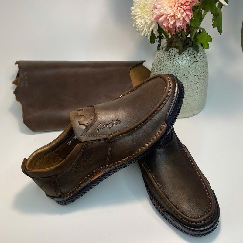  Giày lười da bò sáp mộc đế cao su khâu tay thủ công phú hợp cho mọi lứa tuổi đi làm đi chơi 