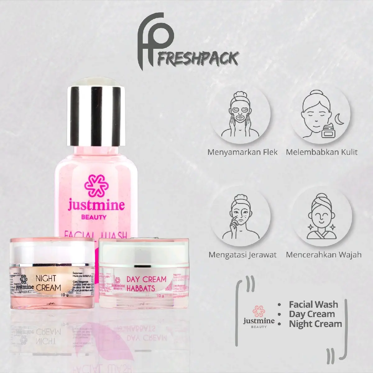 Paket Basic isi 3 Justmine Beauty  mencerahkan mengencangkan wajah Memudarkan Scar Hitam Memutihkan semua tipe kulit skincare untuk flek  Kerutan