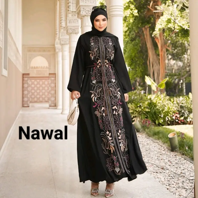 New Abaya nawal Bahan jetblack bonanza Lesliting ziper ,bisa jadi outer maupun gamis Kombinasi bordir muka belakang  Free belt Ukr  Muslim Wanita Dress Hitam Turki Lebaran Pesta Arab