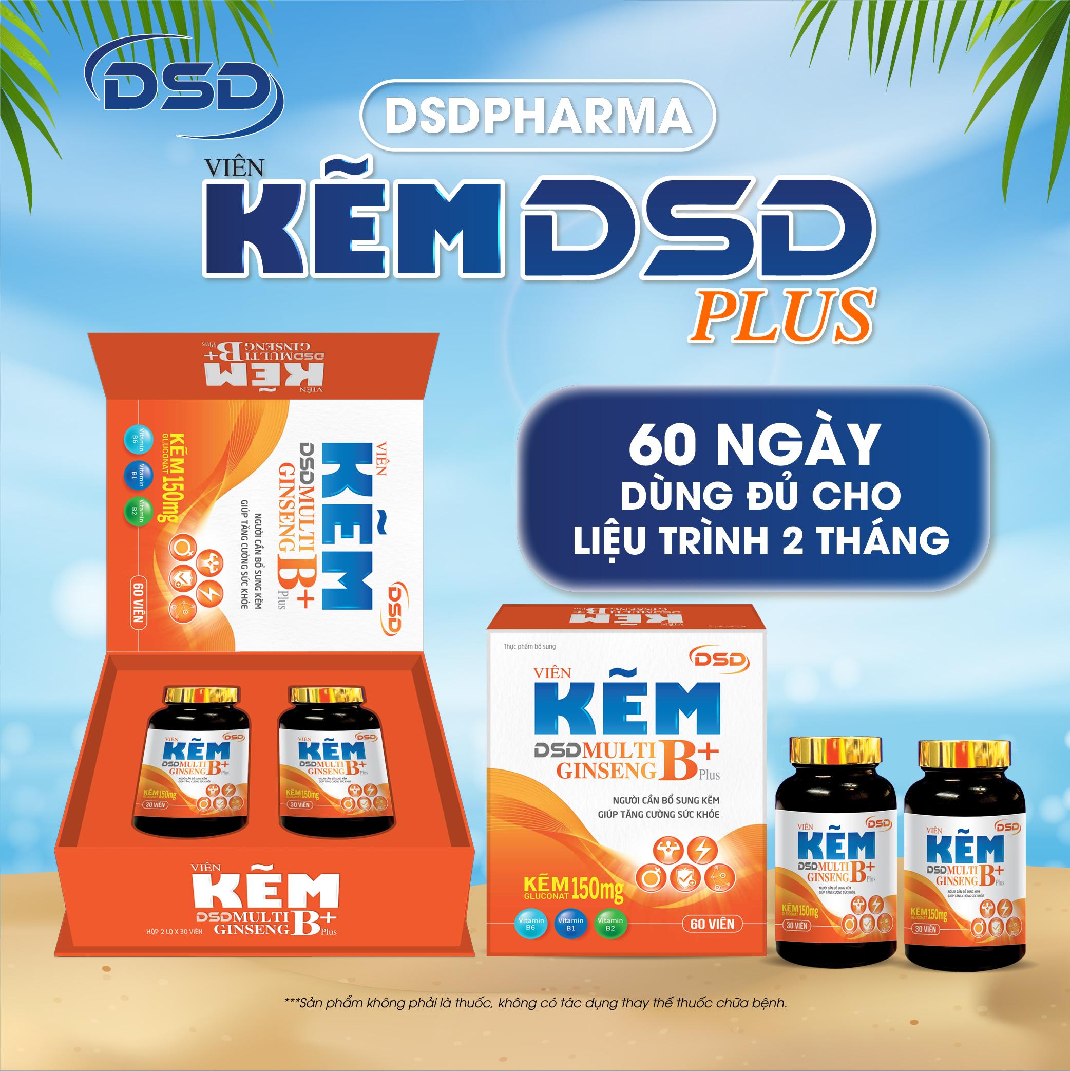 DSDPHARMA Viên Kẽm DSD Plus 60 Ngày Bổ Sung Kẽm 150mg - Bổ Sung Kẽm Biozinc & Vitamin Nhóm B, Nhân Sâm - Hộp 2 Lọ X 30 Viên