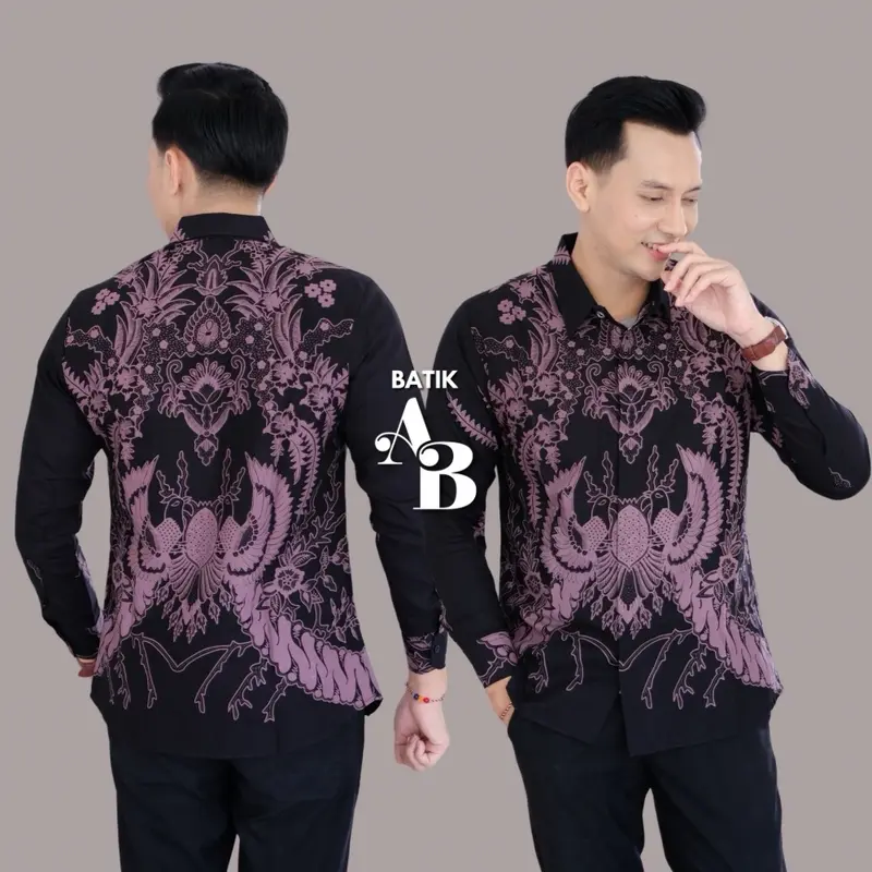 Kemeja batik solo premium slimfit lapis furing kombinasi warna ungu taro hitam bahan katun halus Pria 0
