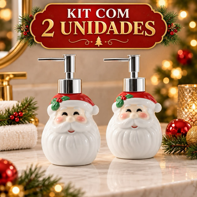 Kit 2 Saboneteiras Natalinas Papai Noel de Cerâmica com Dosador Prata