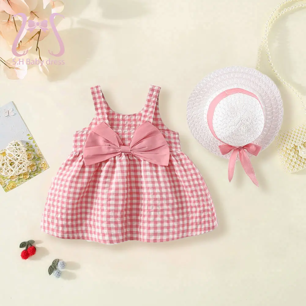 2Pcs/Set Baby Girl Plaid Sweet Bow Summer Birthday Party Dress Toddler Kids Outfits 0 To 3 Years Children Clothes Suit + Hat
