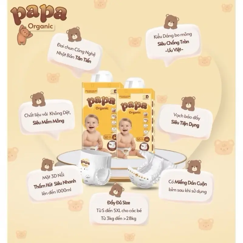 Papa Organic 100 miếng tã quần S - 6XL tương đương từ 3-30kg, bỉm mềm mại thấm hút tốt dành cho bé tiểu nhiều , bé bụ bẫm tăng 1-2 size bỉm  nội  địa  trung 6