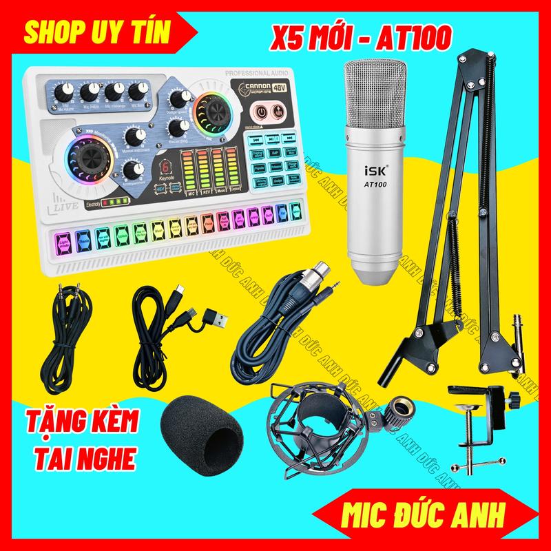 Bộ Mic Thu Âm AT100 Sound Card X5 Màu Trắng Đời Mới Chuyên Livestream Dùng Được Cho Mic 5V Và Micro 48V Tặng Kem Tai Nghe