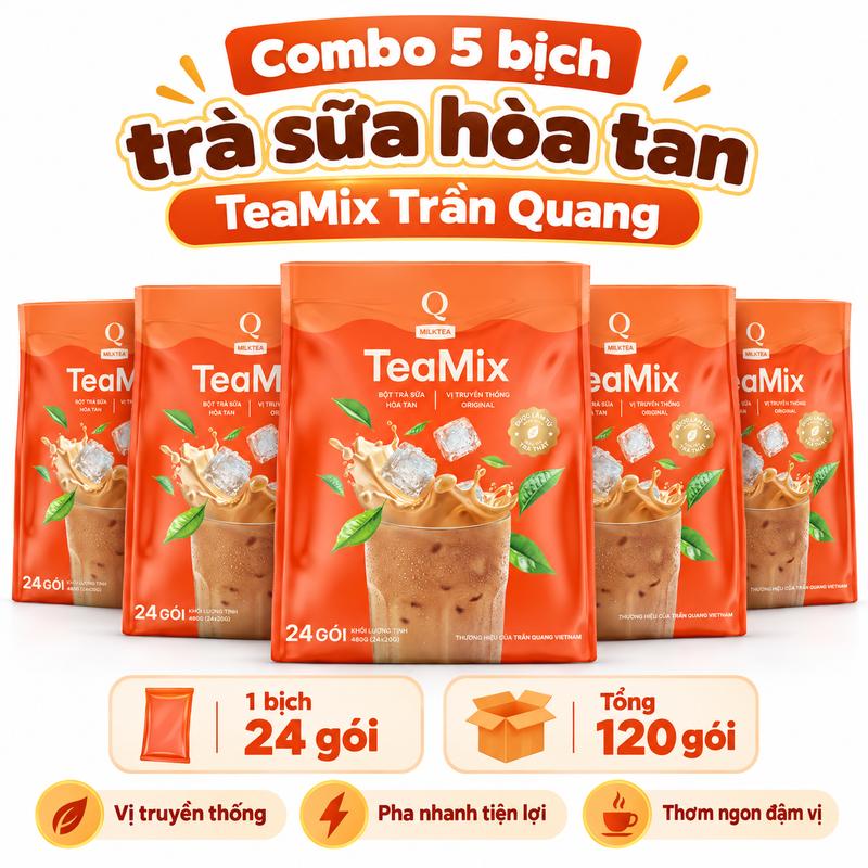 Combo 5 Bịch Trà Sữa Hòa Tan TeaMix Trần Quang – 120 Gói, Vị Truyền Thống, Pha Nhanh Tiện Lợi