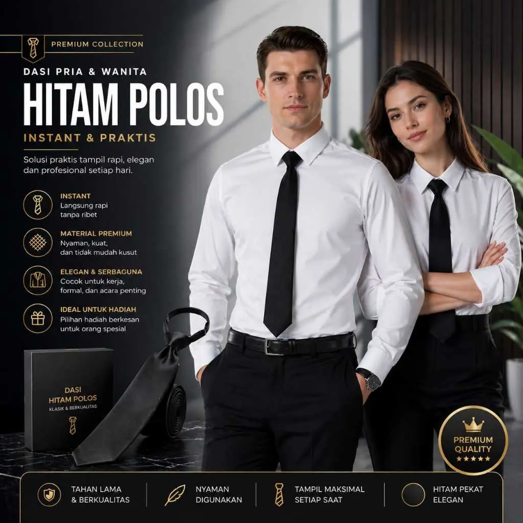 Dasi Hitam Instant Formal Polos Langsung Pakai Unisex Pria Wanita tie dasi lurus regular tinggal pakai dasi instan