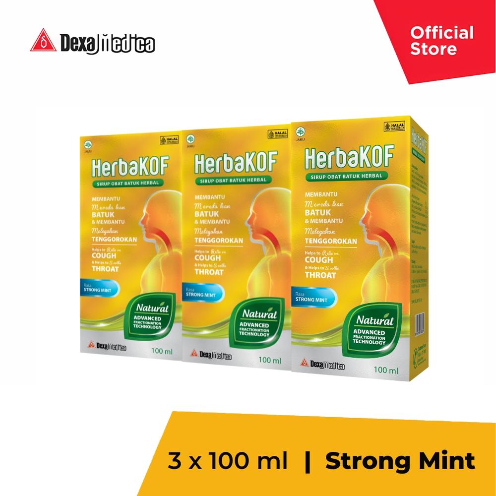Herbakof Strong Mint Botol 100 ml | Triple Pack | Sirup Herbal Anak Dewasa Tenggorakan Gatal Kering Berdahak