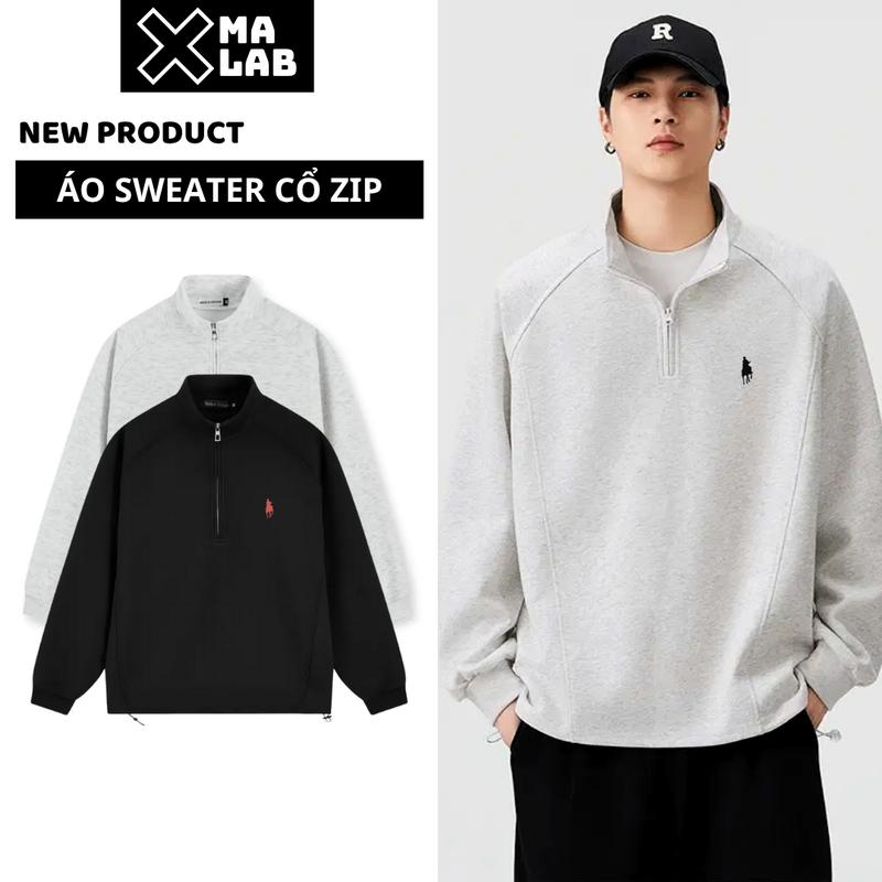 Áo Sweater Cổ Zip XMALAB Thêu Logo Ngựa Chất Nỉ 2 Da Cao Cấp Form Rộng Oversize Bo Chun Unisex B186