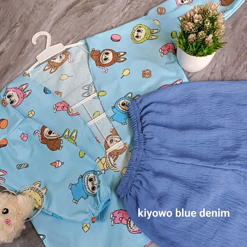 Setelan Kiyowo Anak Perempuan Lengan Panjang, Outer Katun Mikro dan Celana Kringkle Airflow - Ukuran M-L - Cowo 2