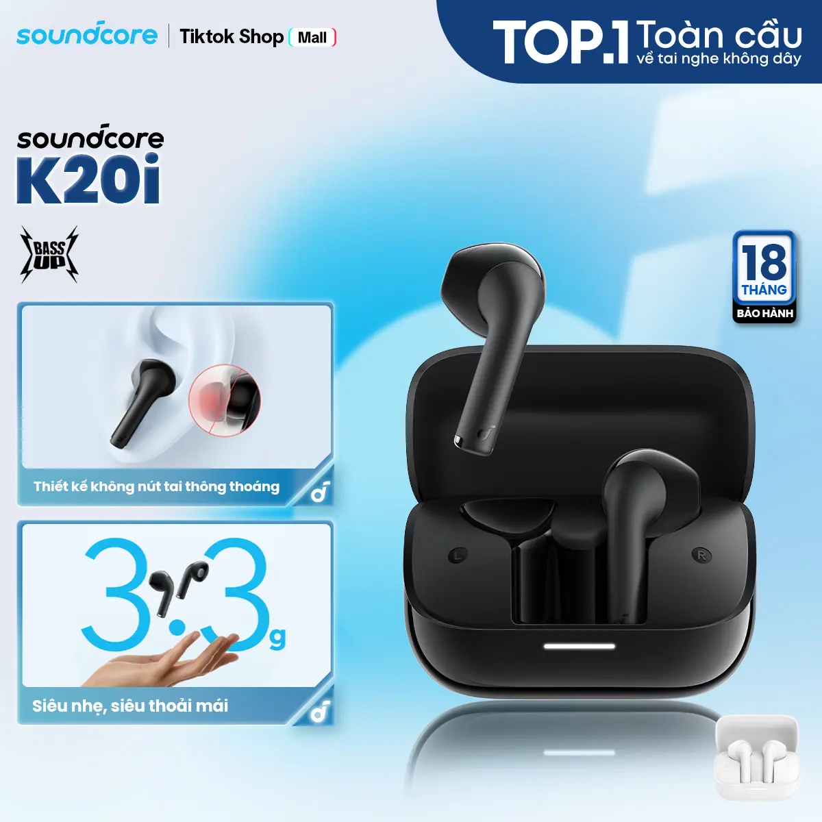 Tai nghe Bluetooth Semi In-Ear Soundcore K20i (A3994) Siêu gọn nhẹ Chống nước IPX5- Dịch thuật AI trên App- Tai nghe không dây- Tai nghe bluetooth pin trâu Bảo hành 18 tháng Hàng chính hãng