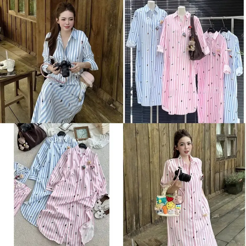 Váy sơ mi kẻ sọc dáng dài cổ bẻ có túi ngực