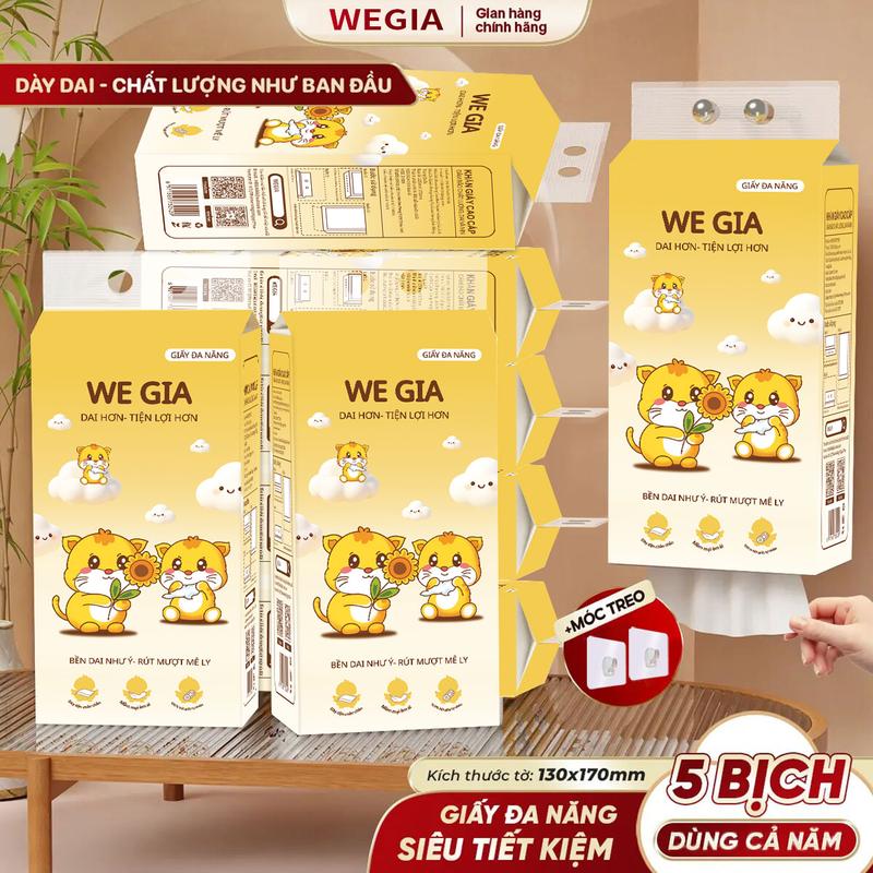 [MUA 5 TẶNG 2]] THÙNG 5 BỊCH Khăn Giấy  WEGIA, Tặng 1 Móc Treo Tường, 216 Lần Rút Siêu Dai 130x170mm khăn giấy cao cấp WEGIA, giấy dai hơn bền chắc hơn mềm mịn hơn, khăn giấy vệ sinh