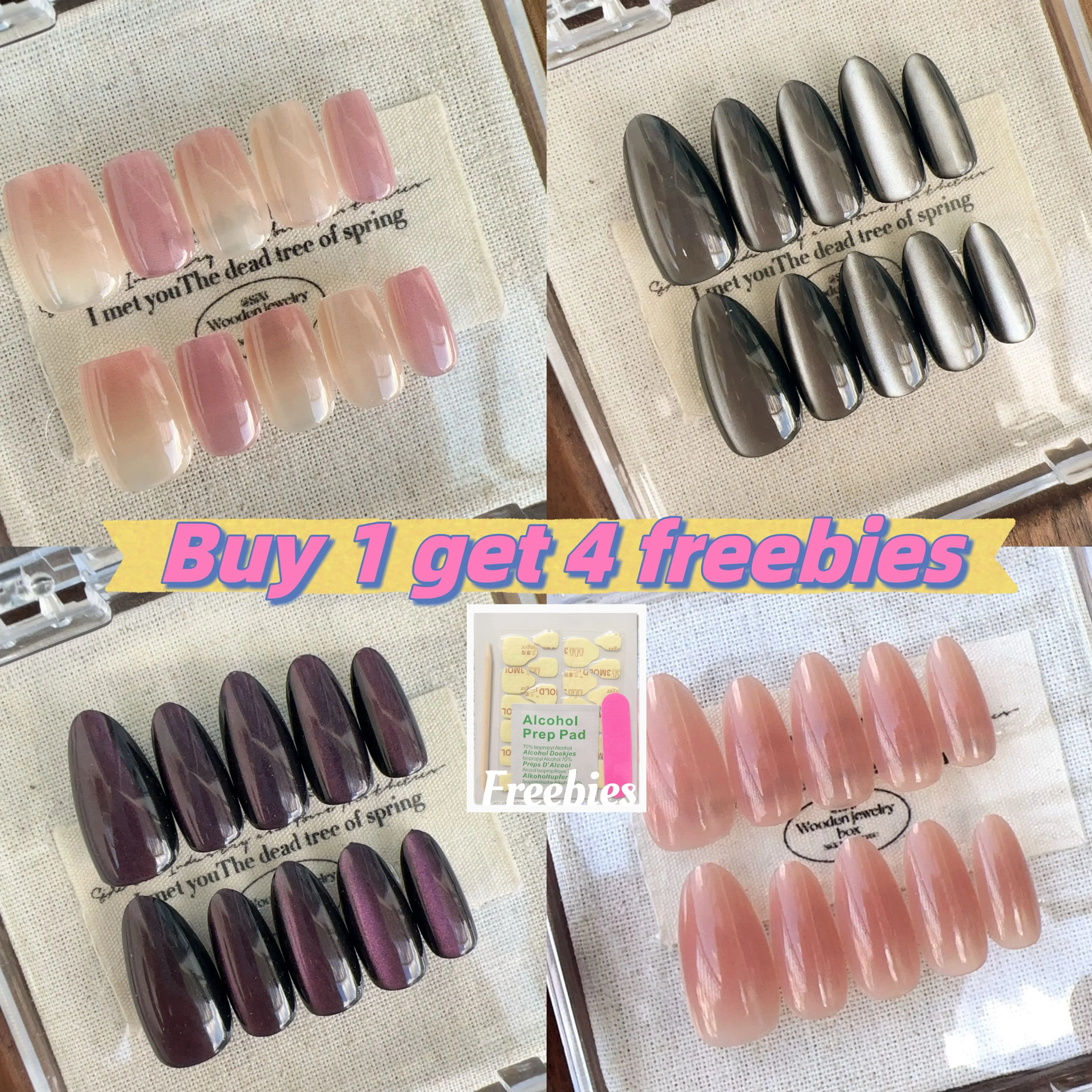 oooinkk Cat Eye No.2 buy 1 with freebies Fashion Style Plain Color clean Girl Fake Nails Reusable and Removable