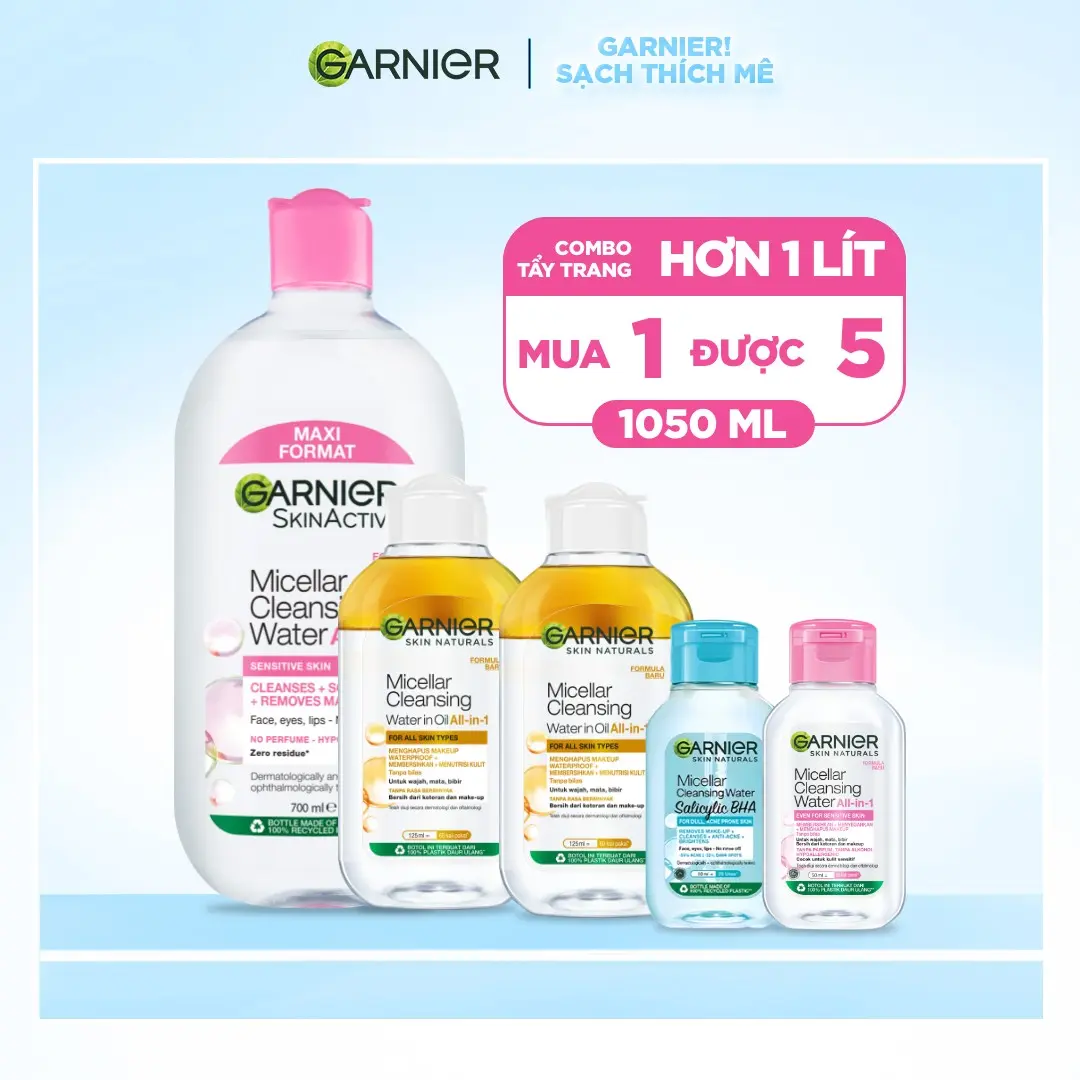 Bộ tẩy trang 1 Lít 50ml - Nước Tẩy Trang Garnier làm sạch sâu cho mọi loại da- Garnier Micellar Cleansing Water