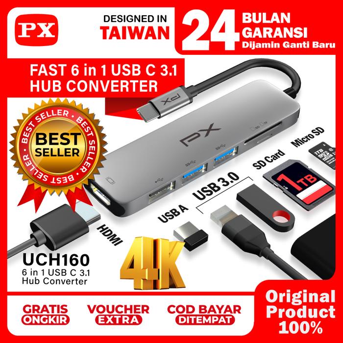Gambar USB Hub Converter Type C Hub Adapter Laptop Macbook Ipad Tablet Type C 3.1 to HDMI 4K USB 3.0 Memory Card SD Card Micro SD up to 1TB 6 Port 6 in 1 PX UCH160 dari PX Official Store Kota Administrasi Jakarta Utara Tokopedia