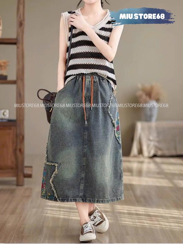 [ DEAL MỞ BÁN] Chân Váy Jean Dáng Dài Cạp Chun Thêu Hoa Có Dây Rút Lưng Cao Vải Jean Mềm, Chân Váy Jean Xẻ Tà Sau Women Voan Voi Mã M015
